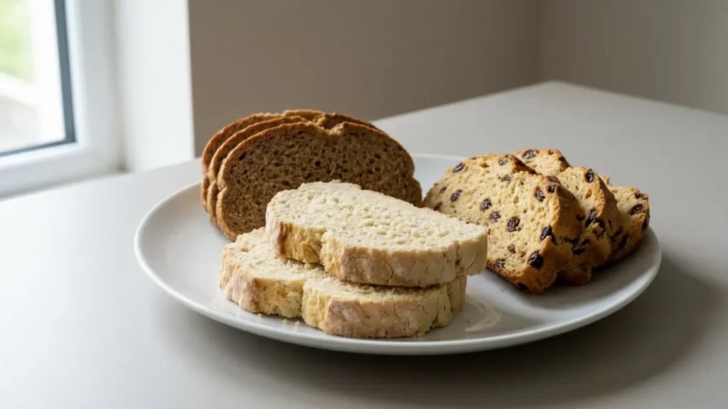 Slices of traditional soda bread, brown bread, and sweet soda bread on a white plate.