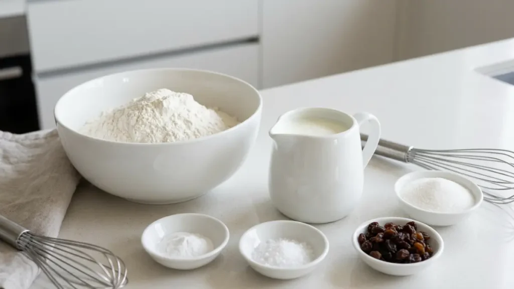 Flour, buttermilk, baking soda, salt, and sugar measured out for Irish soda bread.