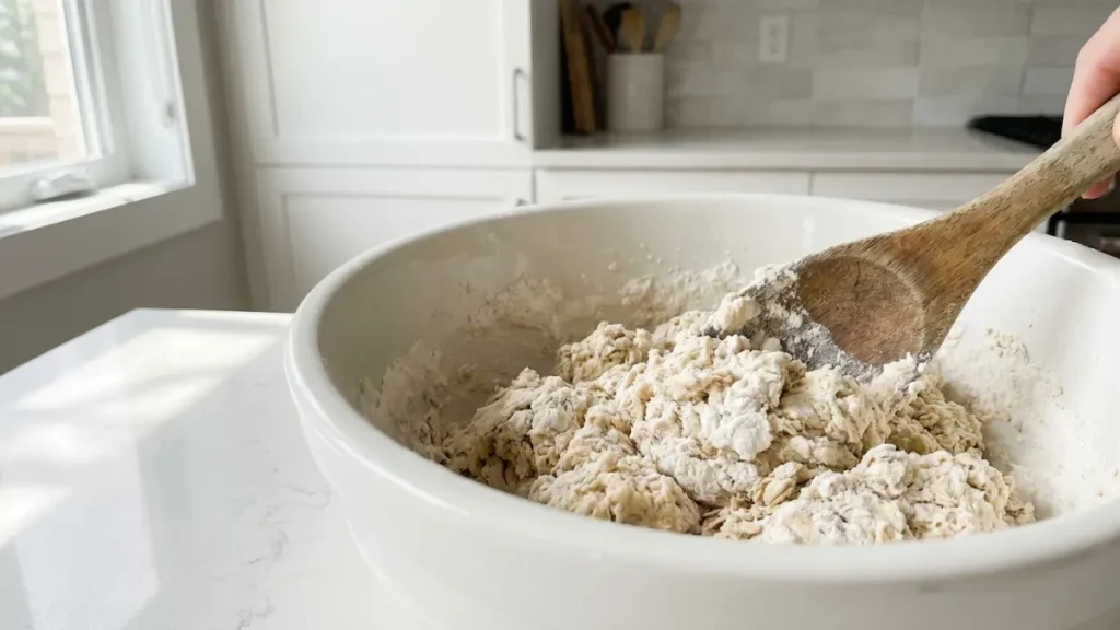 Shaggy Irish soda bread dough in a mixing bowl.