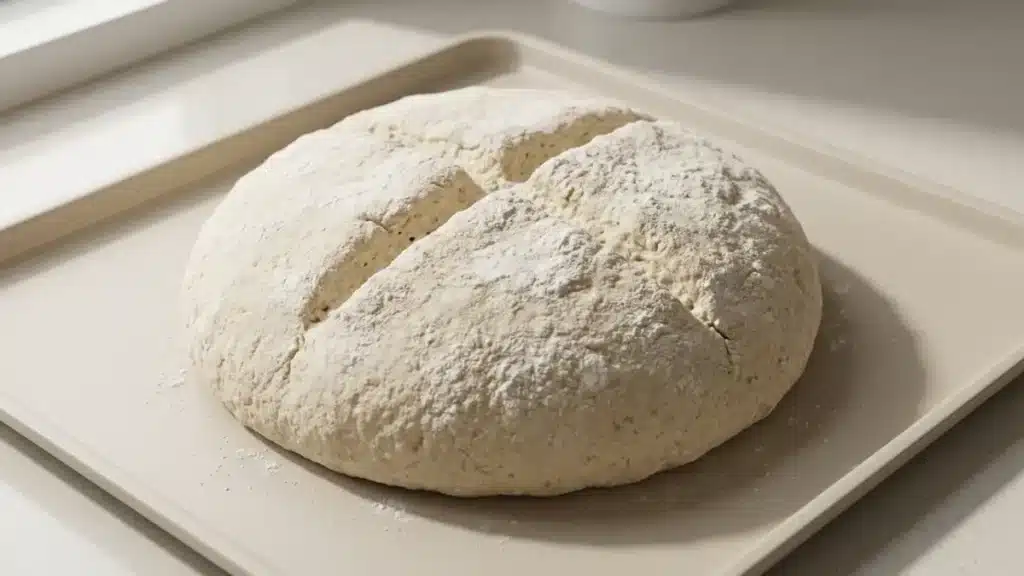 Unbaked Irish soda bread round scored with a deep cross on a pan.