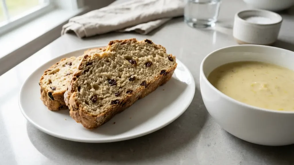irish soda bread recipe : Slices of Irish soda bread on a plate next to a bowl of creamy soup.