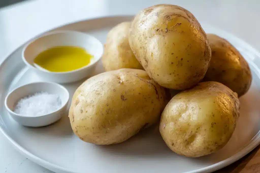 jacket-potato-raw-ingredients Washed baking potatoes on a white plate with oil and salt ready for roasting.