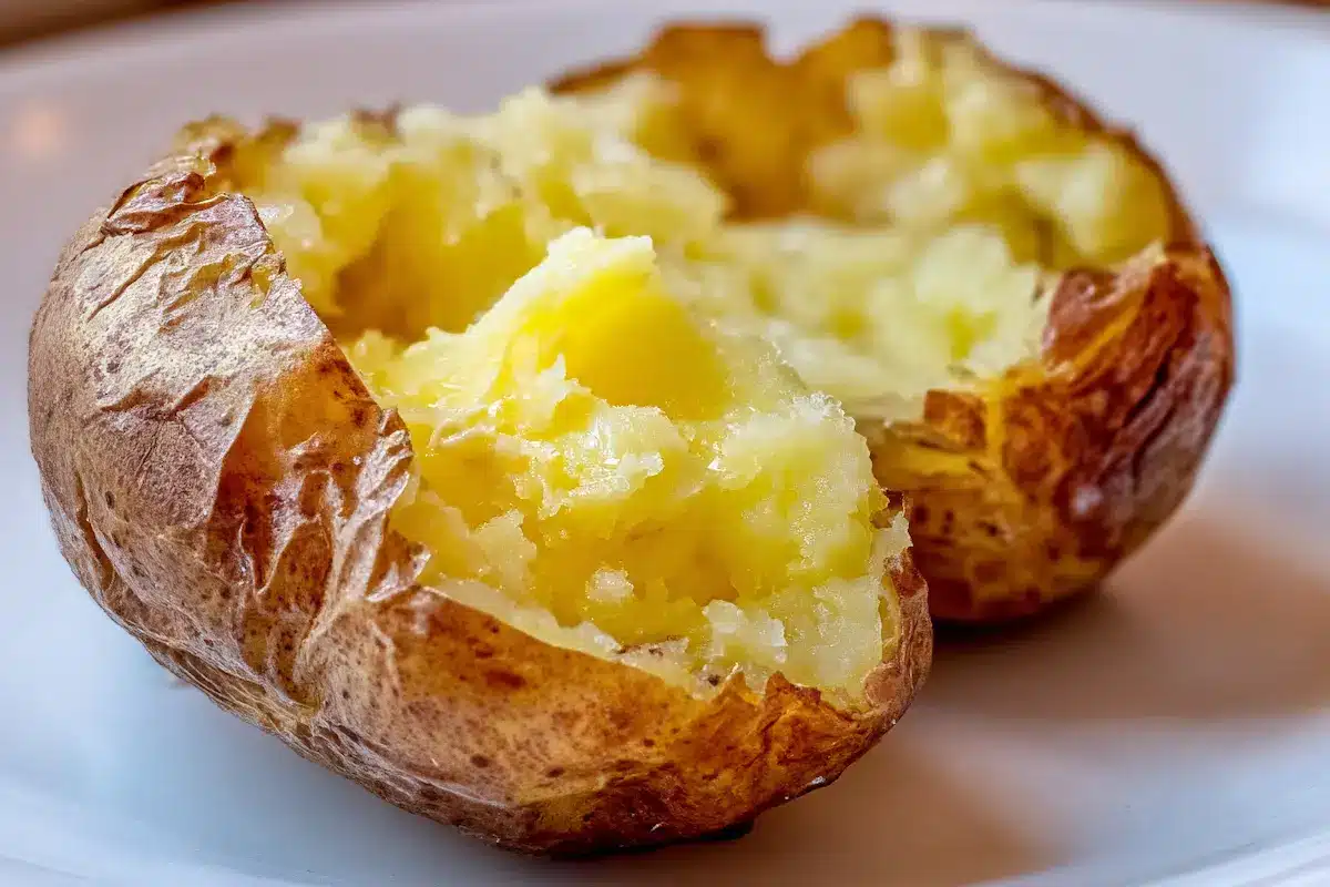 Close-up of a crispy jacket potato split open with fluffy centre and butter on a white plate.