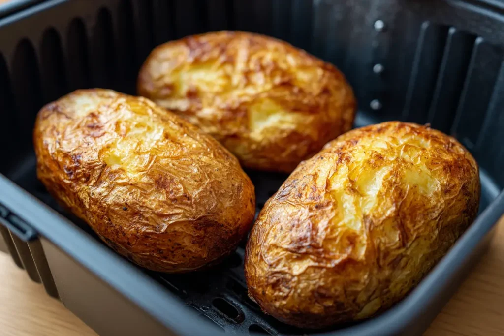 jacket-potatoes-air-fryer-basket Crispy baked potatoes sitting in an air fryer basket in a bright home kitchen.