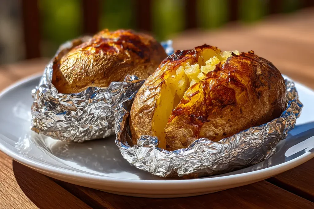 jacket-potatoes-barbecue-foil Foil-wrapped baked potatoes opened on a white plate after cooking on the barbecue.