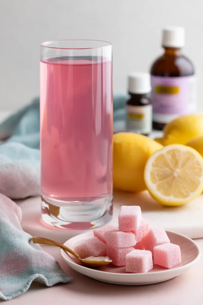 Styled pink gelatin drink and cubes with lemon and ACV on a bright white table
