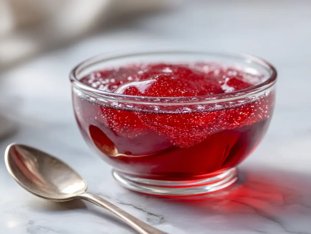 Bloomed unflavored gelatin on cranberry juice for Jillian Michaels recipe