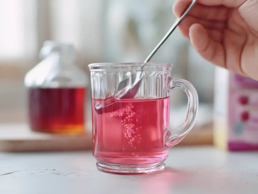 Stirring apple cider vinegar into the Jillian Michaels pink gelatin drink