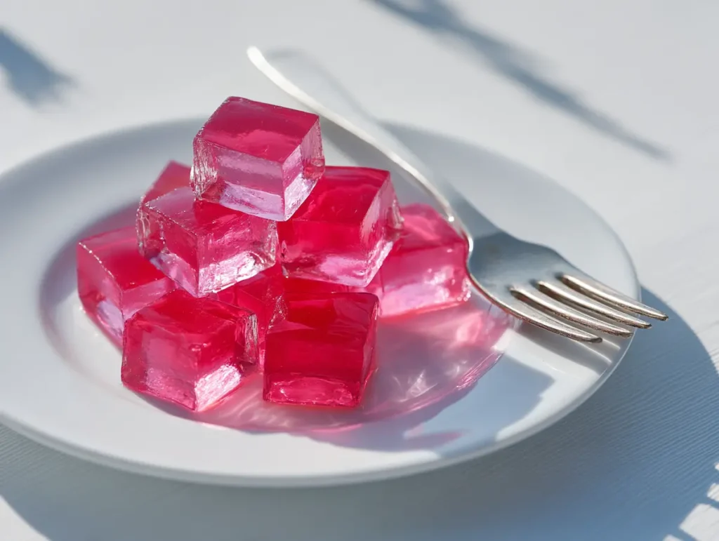 Pink gelatin cubes portioned as a pre meal weight loss snack