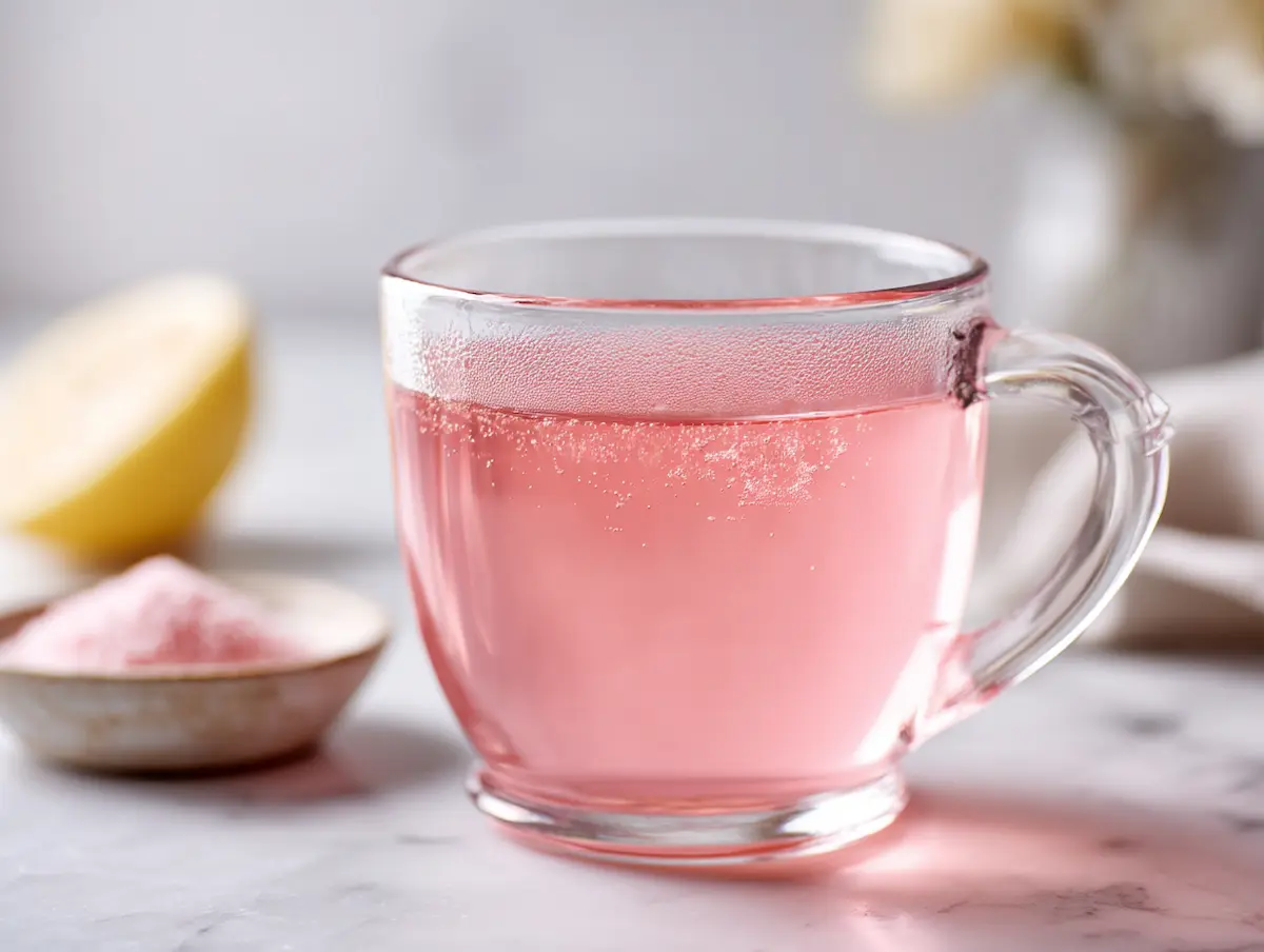 Pink Jillian Michaels gelatin weight loss drink in a clear glass mug on white marble