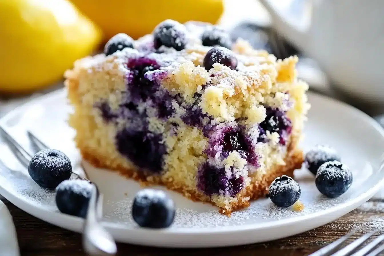 Delicious Lemon Blueberry Coffee Cake with fresh berries and icing