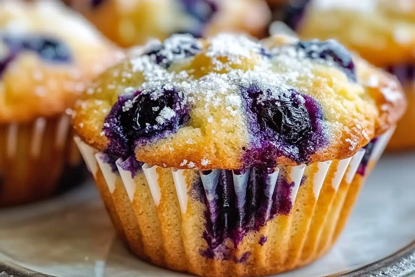 Freshly baked lemon blueberry muffins on a cooling rack