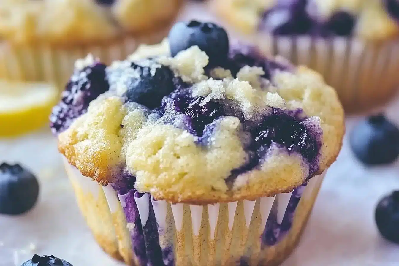 Freshly baked lemon blueberry muffins with vibrant blueberries and lemon zest