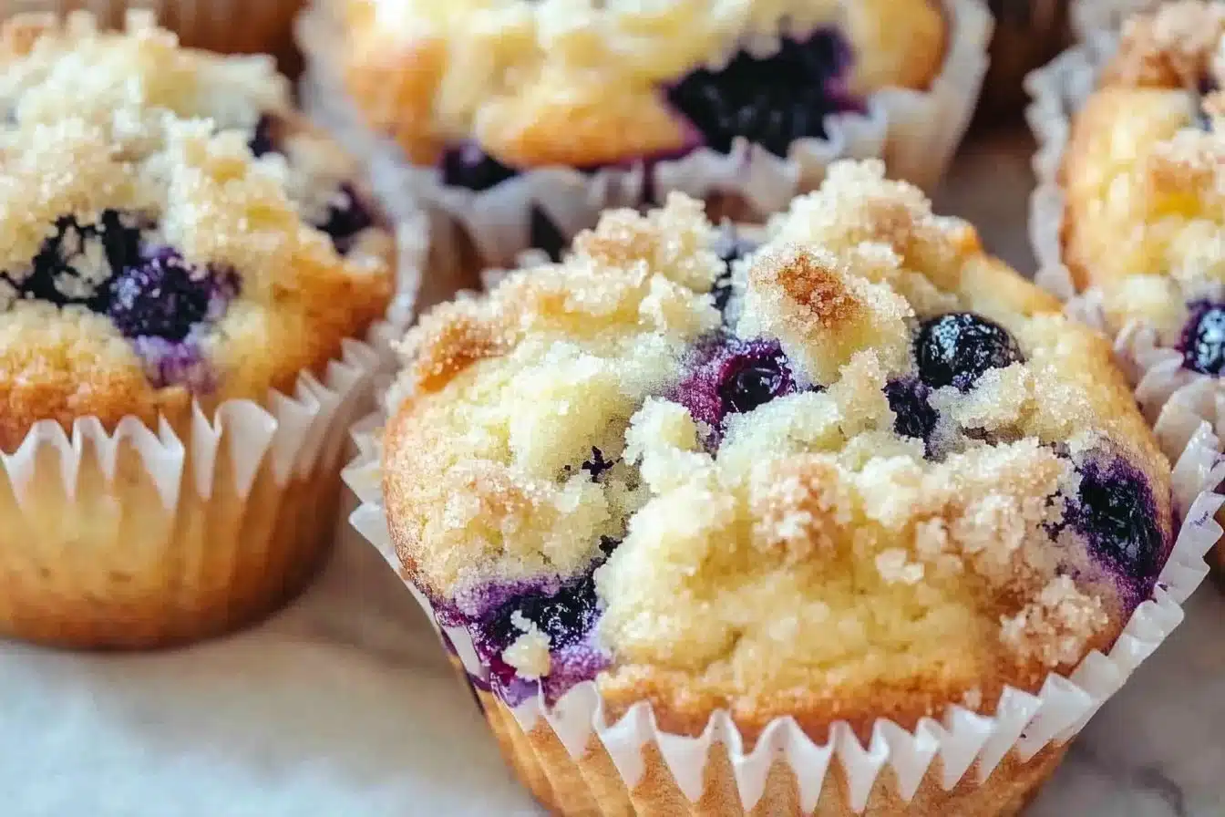Lemon blueberry streusel muffins on a wooden table with blueberries