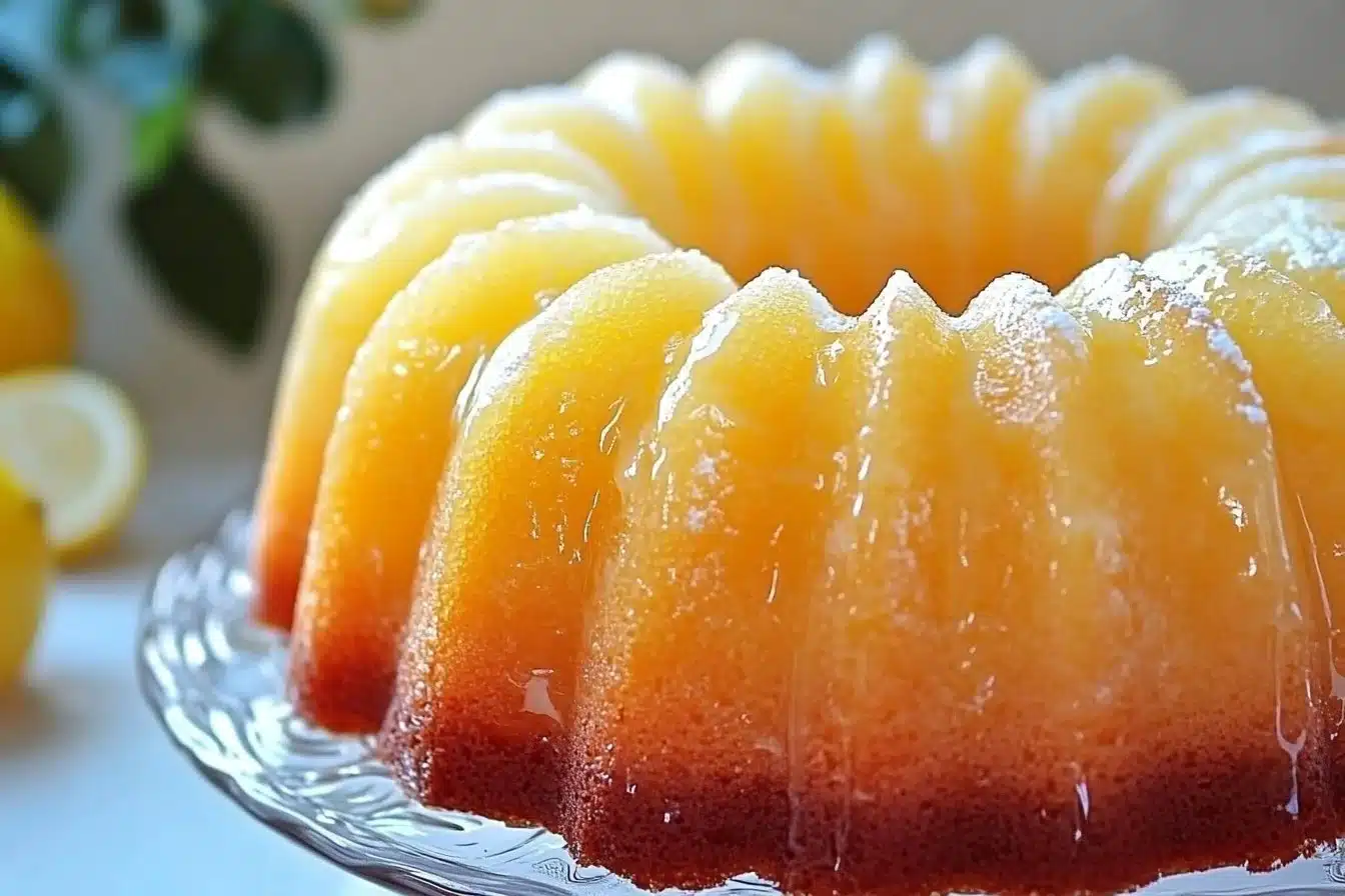 A beautifully baked Lemon Bundt Cake garnished with lemon slices and icing.