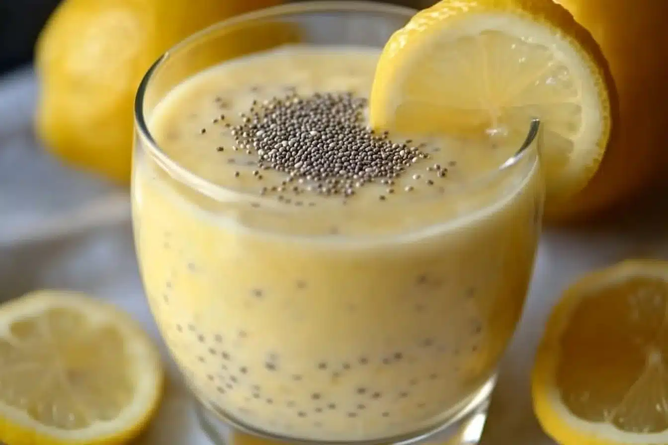A bowl of creamy lemon chia pudding topped with lemon zest and fresh berries