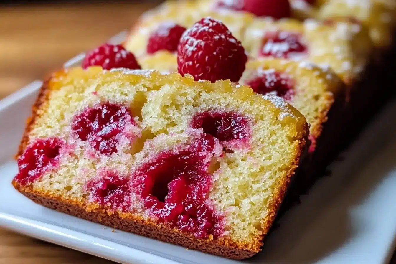 Slice of freshly baked Lemon Raspberry Loaf on a plate