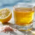 lipojaro jello recipe in a clear glass with lemon slice and pink salt on white surface