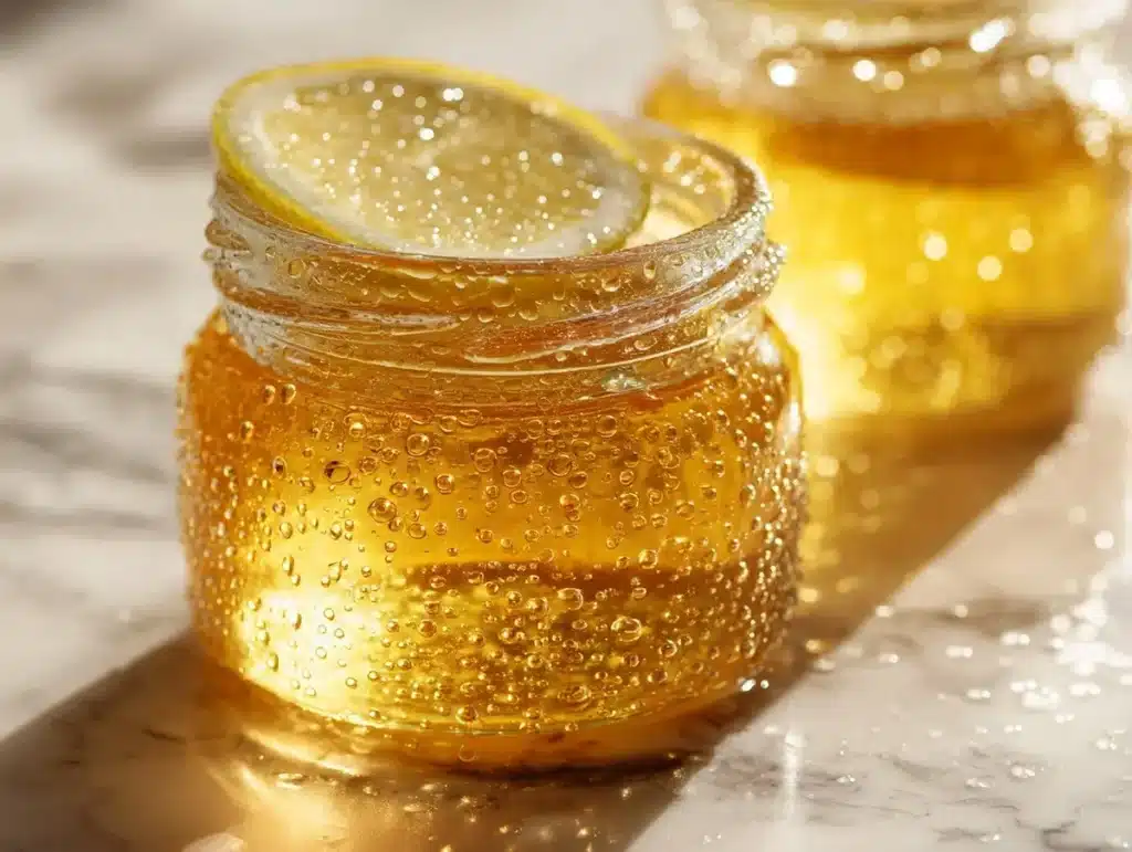 chilled lipojaro jello recipe in a glass jar with condensation and lemon slice