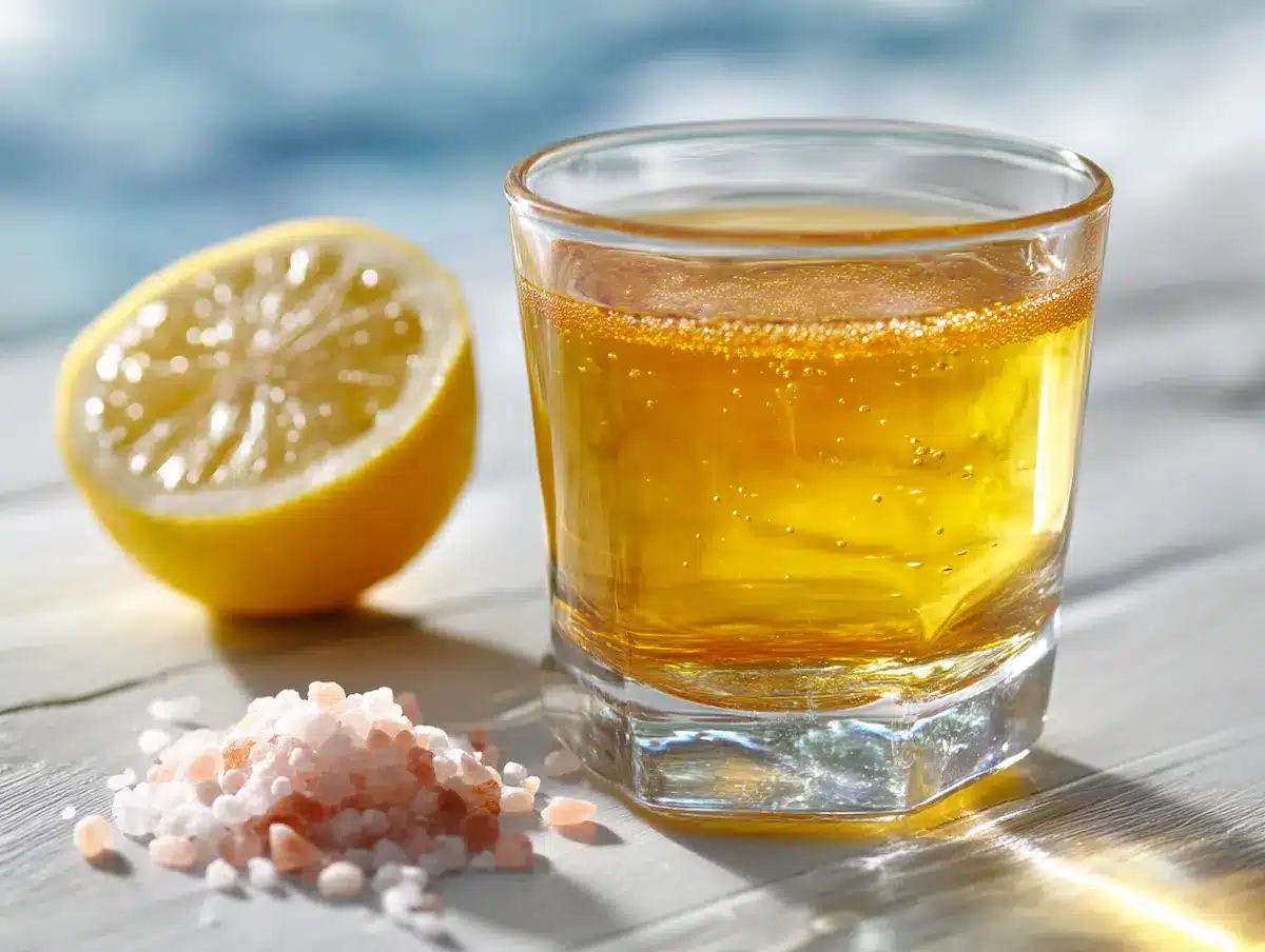 lipojaro jello recipe in a clear glass with lemon slice and pink salt on white surface