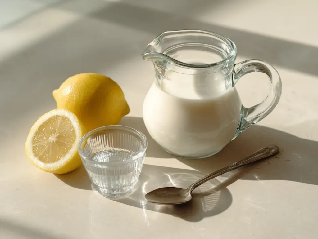 how to make buttermilk from milk : ingredients for making buttermilk from milk with lemon juice on a counter