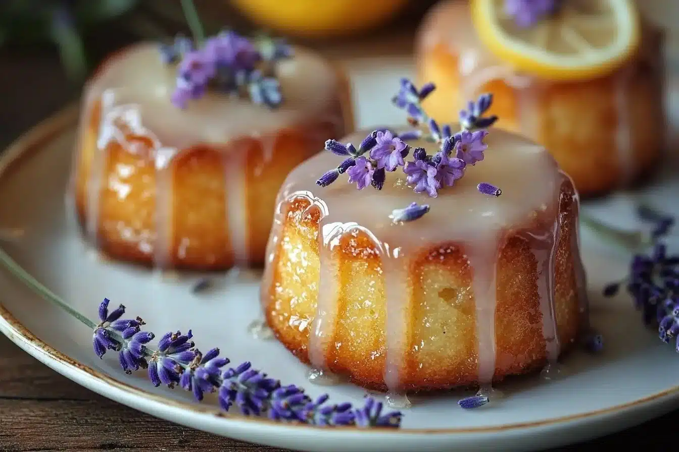 Mini lemon cakes topped with lavender glaze, showcasing a vibrant yellow color.