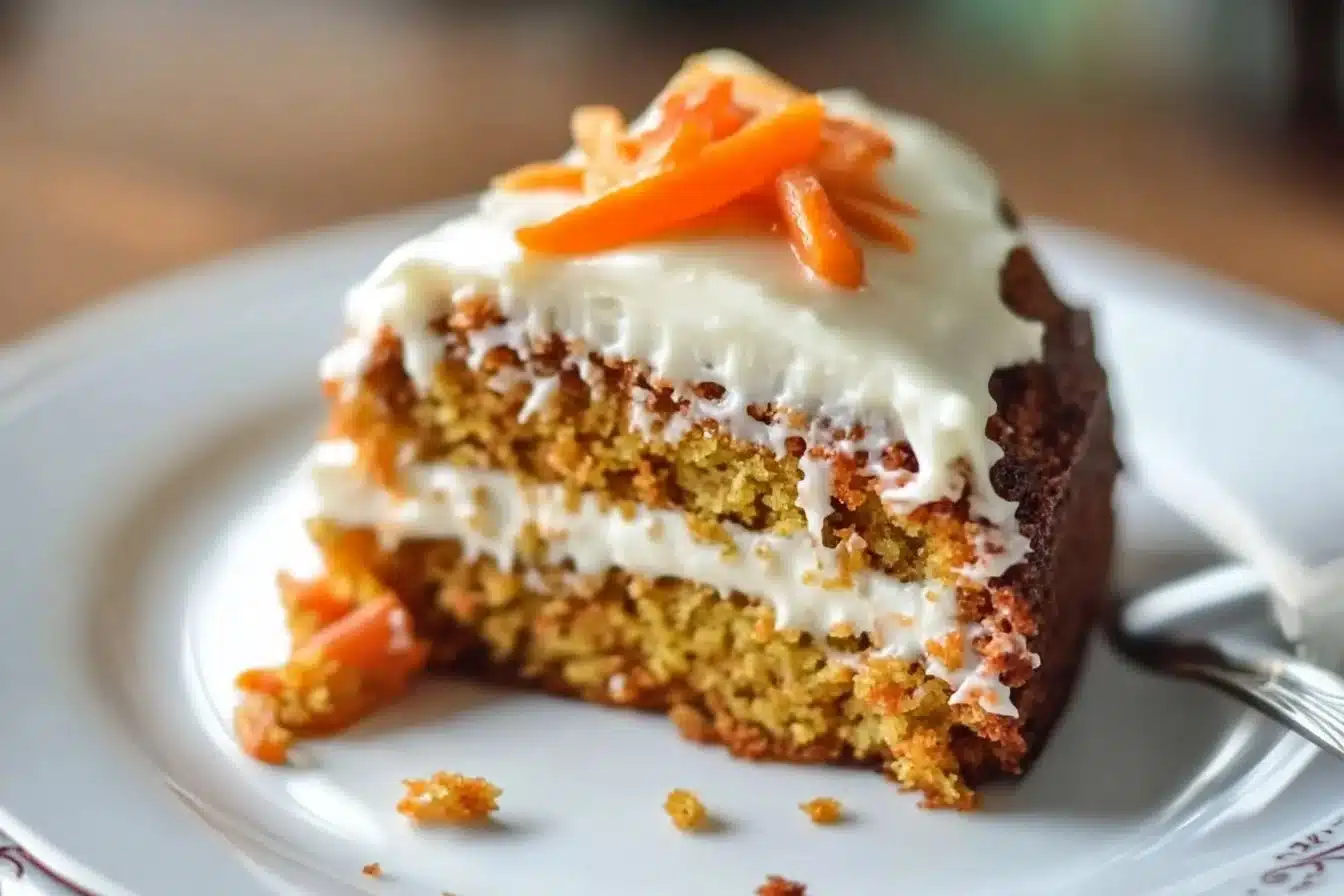 Deliciously moist carrot cake with cream cheese frosting and walnuts.