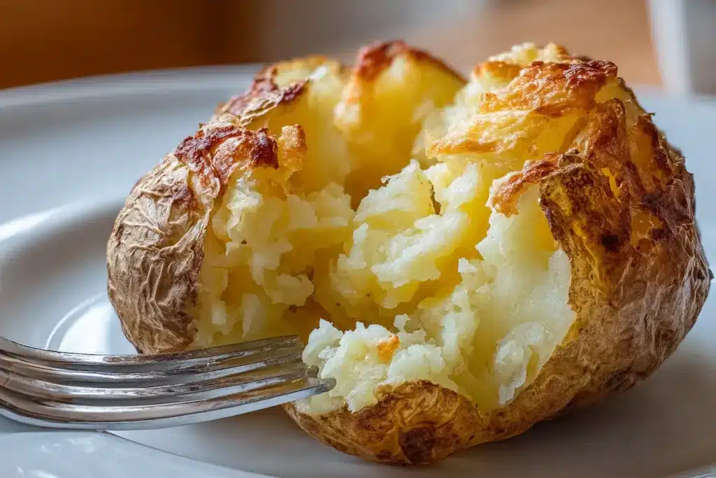 oven-baked-jacket-potato-fluffy-centre Fluffy interior of an oven-baked potato being fluffed with a fork.