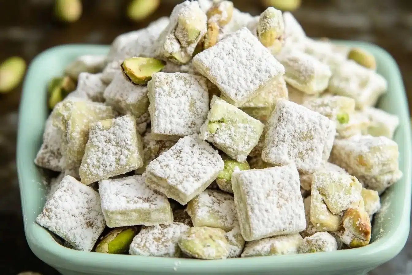 Delicious Pistachio Puppy Chow snack mix with green coating and nuts