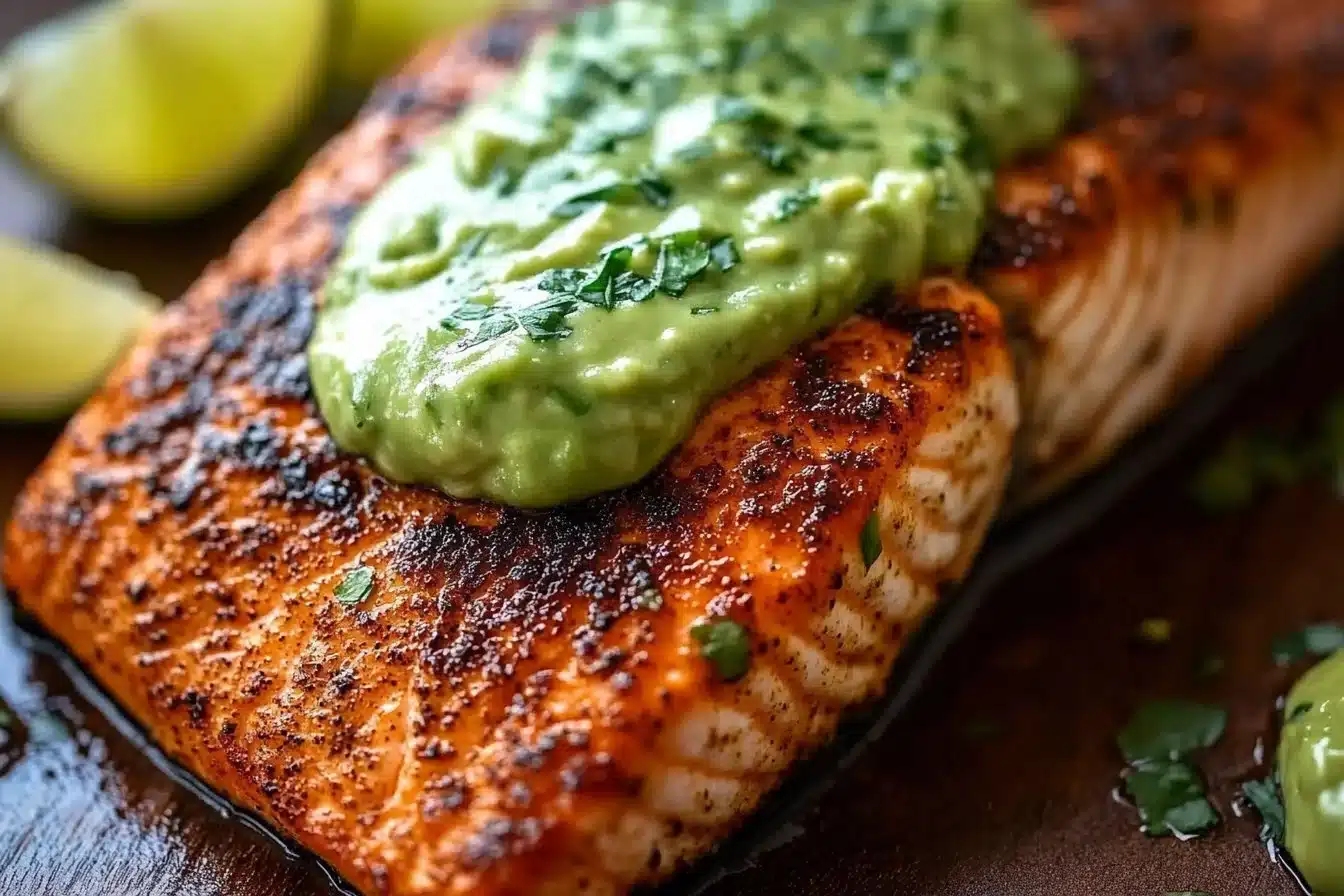 Quick Baked Cajun Salmon with Avocado Lime Sauce on a plate
