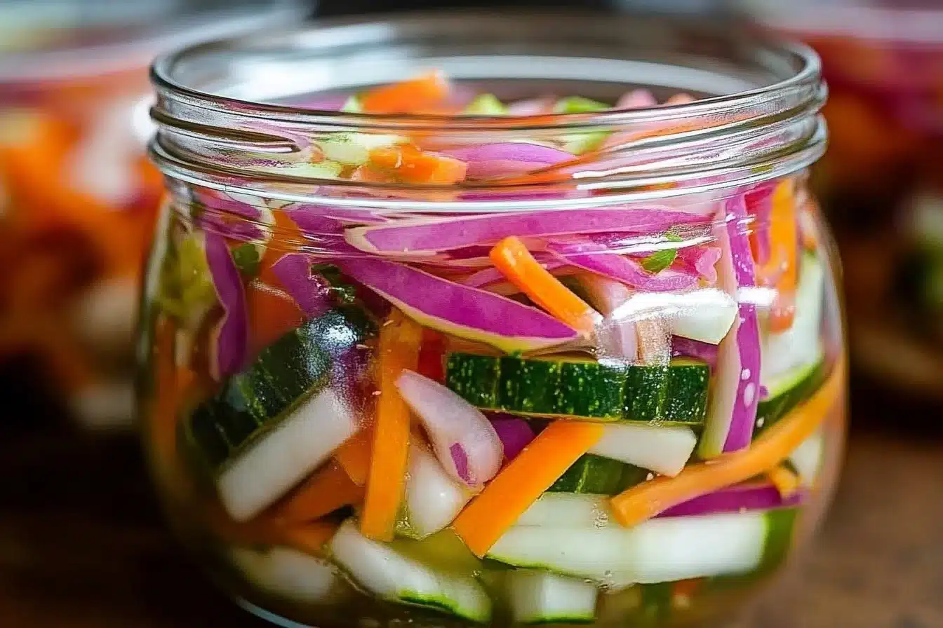 Quick fridge pickled vegetables in colorful jars