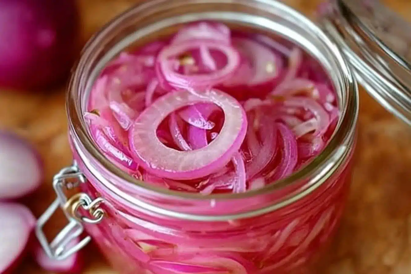 Bowl of quick pickled red onions with ingredients on a wooden table