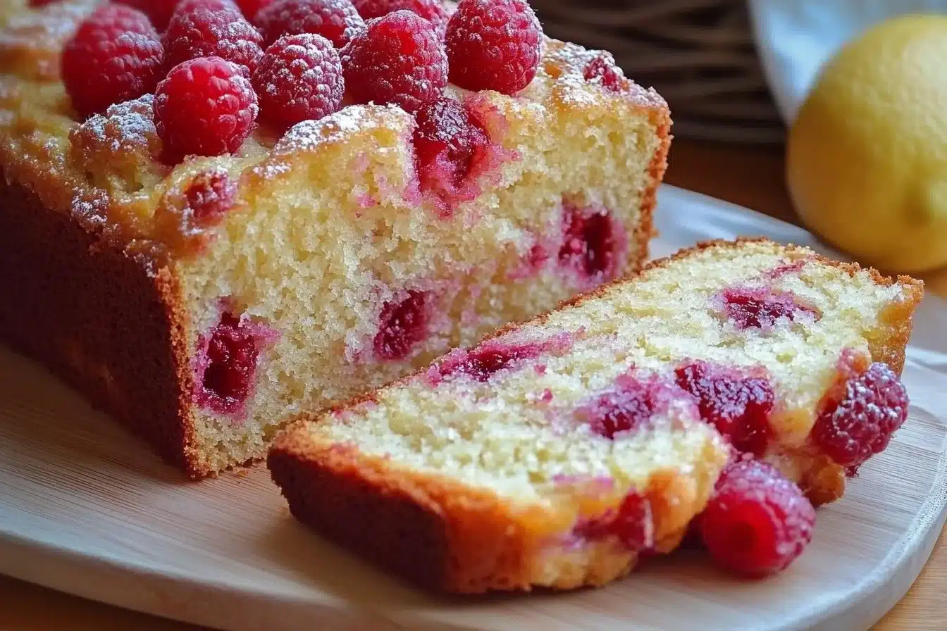 Freshly baked Raspberry Lemon Loaf Cake with a drizzle of lemon glaze