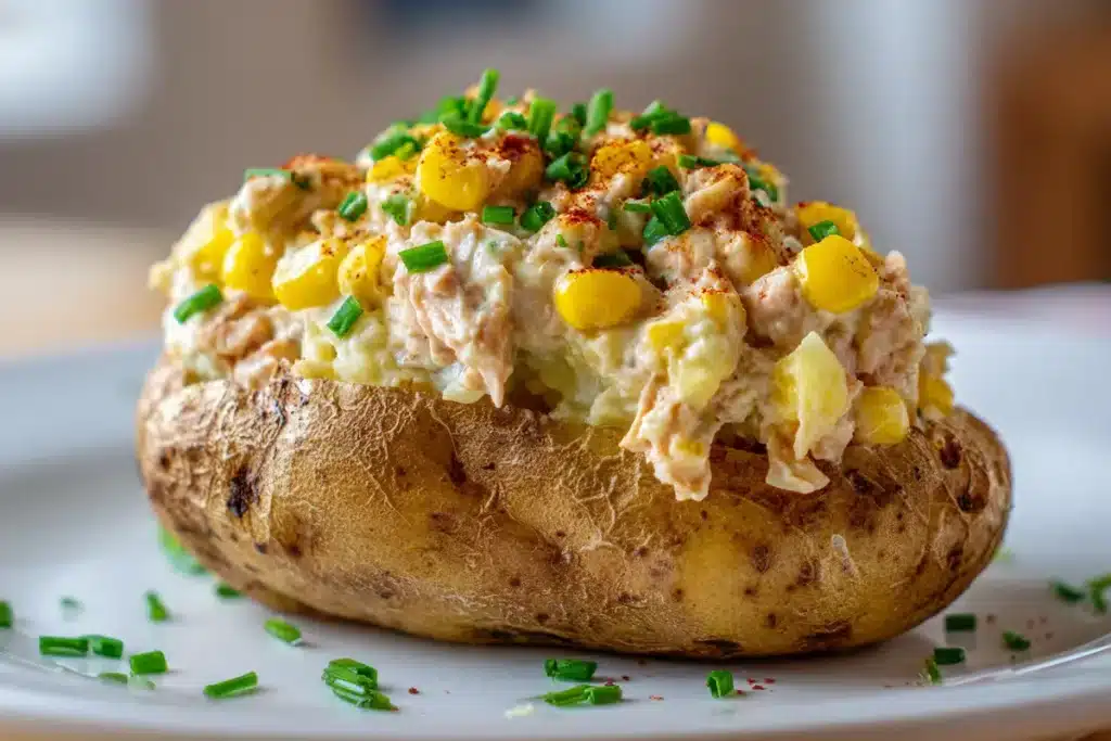 recette-jacket-potatoes-thon-tuna-filling Baked potato topped with creamy tuna sweetcorn filling on a white plate.