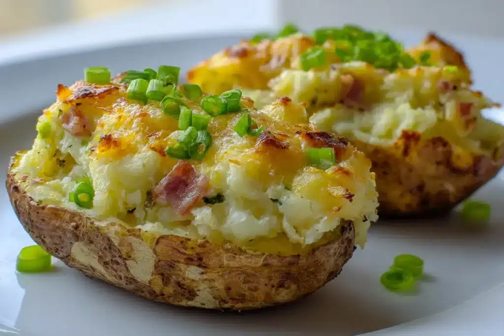 recette-loaded-potatoes-cheesy-jacket Twice-baked loaded potatoes with cheese and spring onion on a white plate.