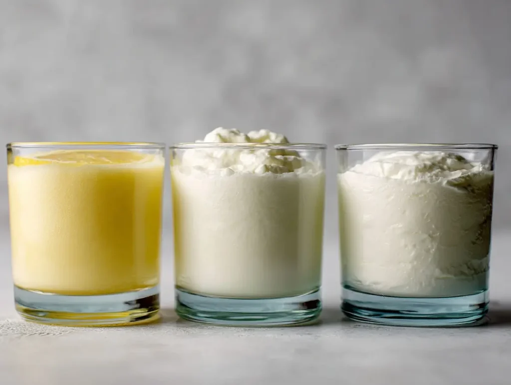 three glasses of buttermilk from milk using lemon vinegar and yogurt