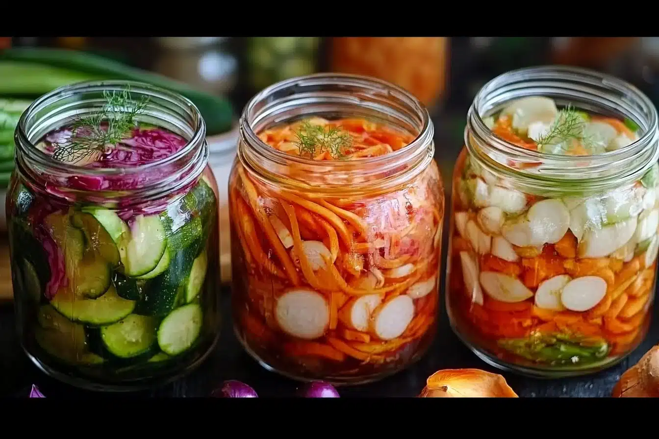 Jars of colorful simple fermented vegetables on a kitchen counter.