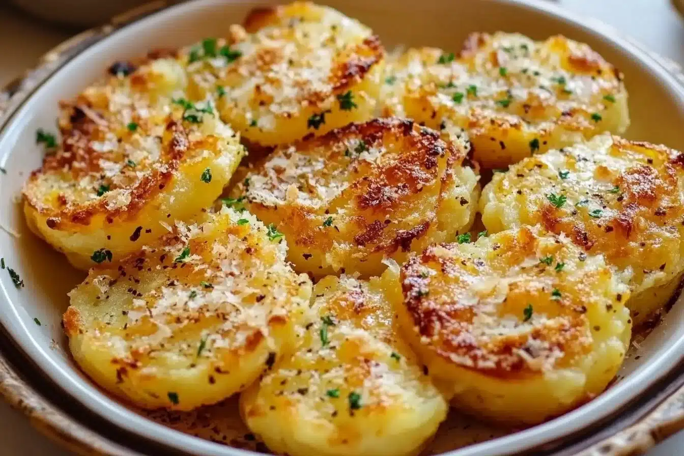 Smashed potatoes topped with garlic and Parmesan cheese on a plate