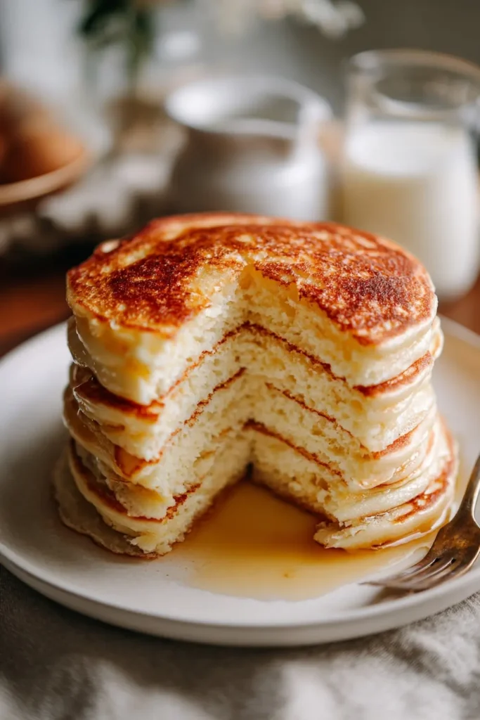 fluffy pancake stack made with homemade buttermilk from milk