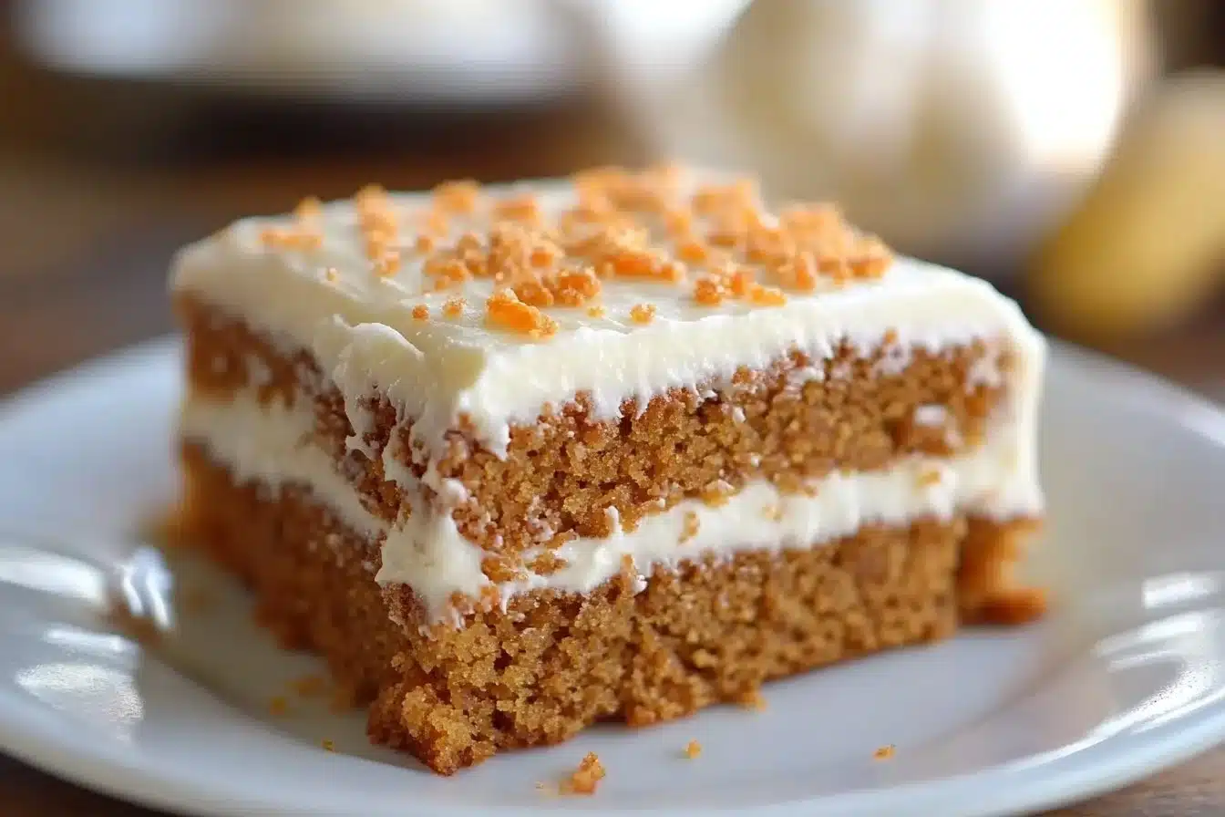 A slice of super moist carrot sheet cake topped with cream cheese frosting.