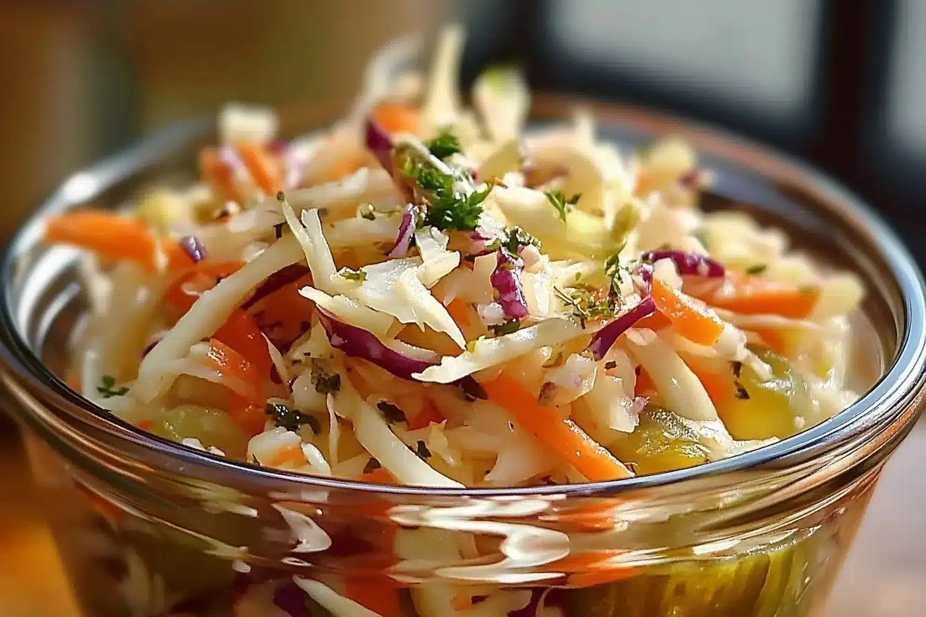 Bowl of sweet and spicy pickle slaw with vibrant colors and toppings