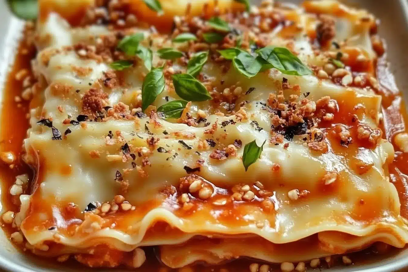 Viral dumpling lasagna served on a plate with cheese and herbs