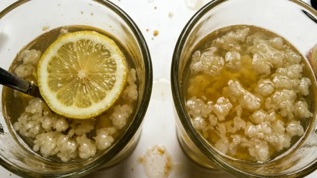 two glasses of serena williams gelatin trick drink on white kitchen counter for 14 day test