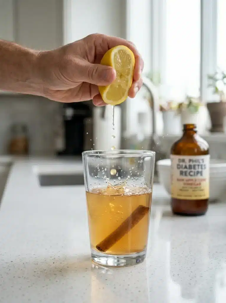 Dr. Phil Diabetes Recipe : Hand squeezing fresh lemon into a Dr Phil Diabetes Recipe tonic glass.