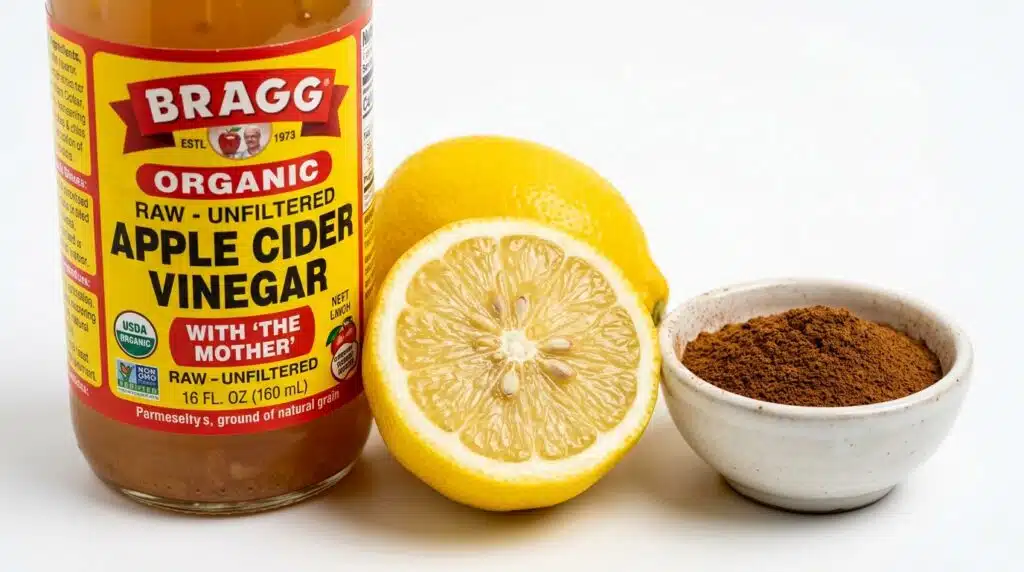 Key ingredients for the Dr Phil Diabetes Recipe: apple cider vinegar, lemon, and cinnamon on a clean surface.
