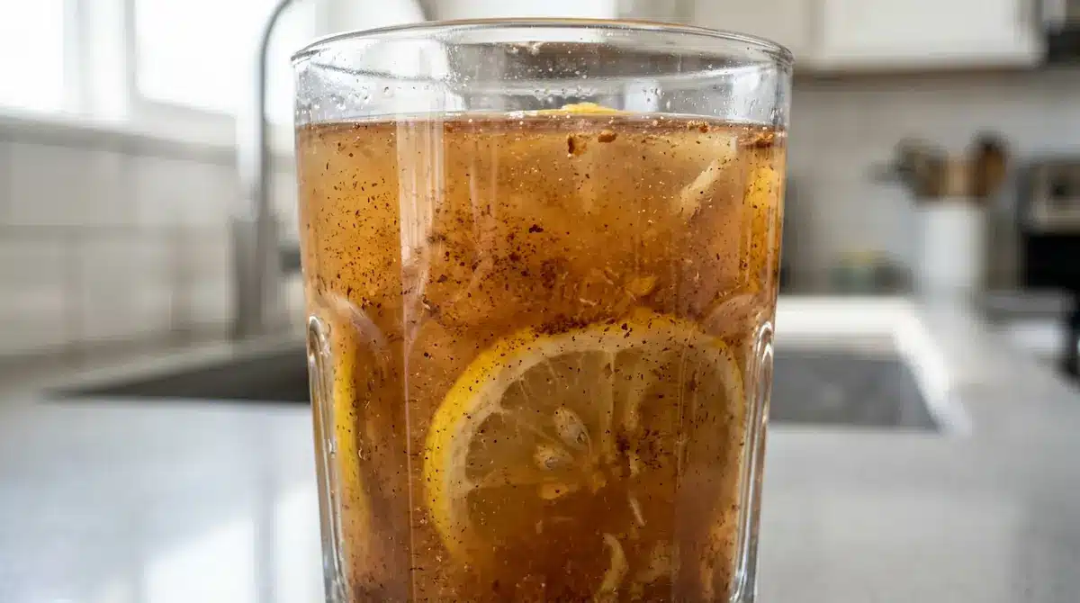 Close-up of a Dr Phil Diabetes Recipe tonic in a glass with apple cider vinegar, lemon and cinnamon.