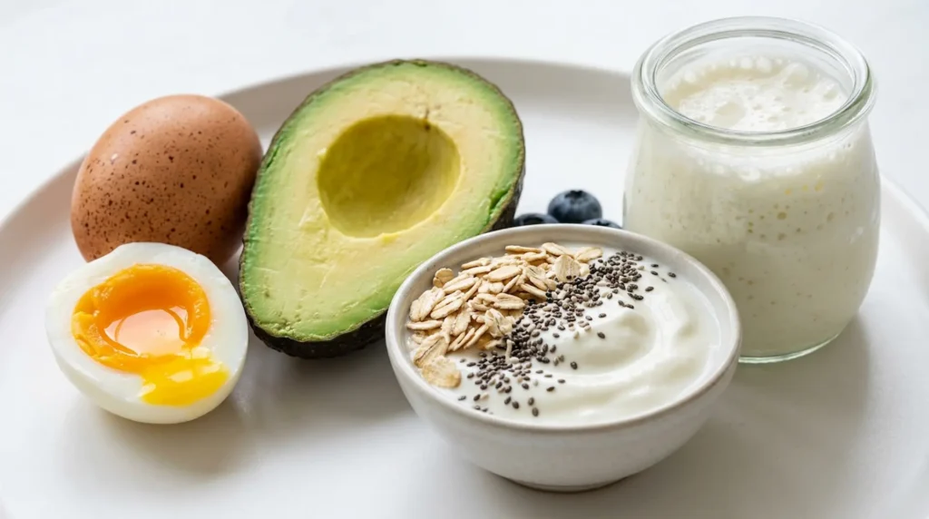 Naturally GLP-1 supporting foods including eggs, oats, avocado, and Greek yogurt for the Gelatin Glycine GLP-1 Natural Protocol