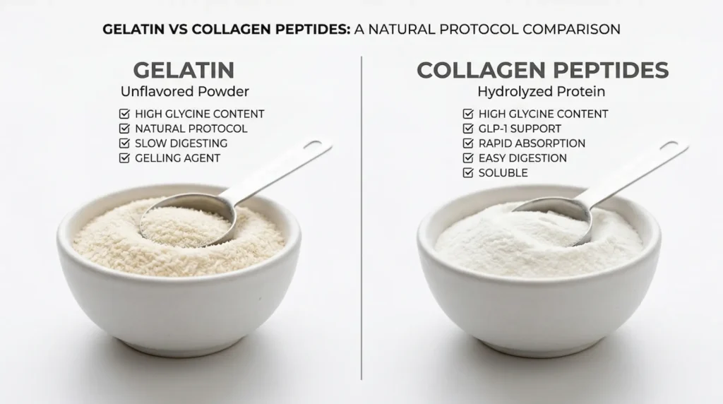 Collagen peptides vs unflavored gelatin powder comparison for the Gelatin Glycine GLP-1 Natural Protocol