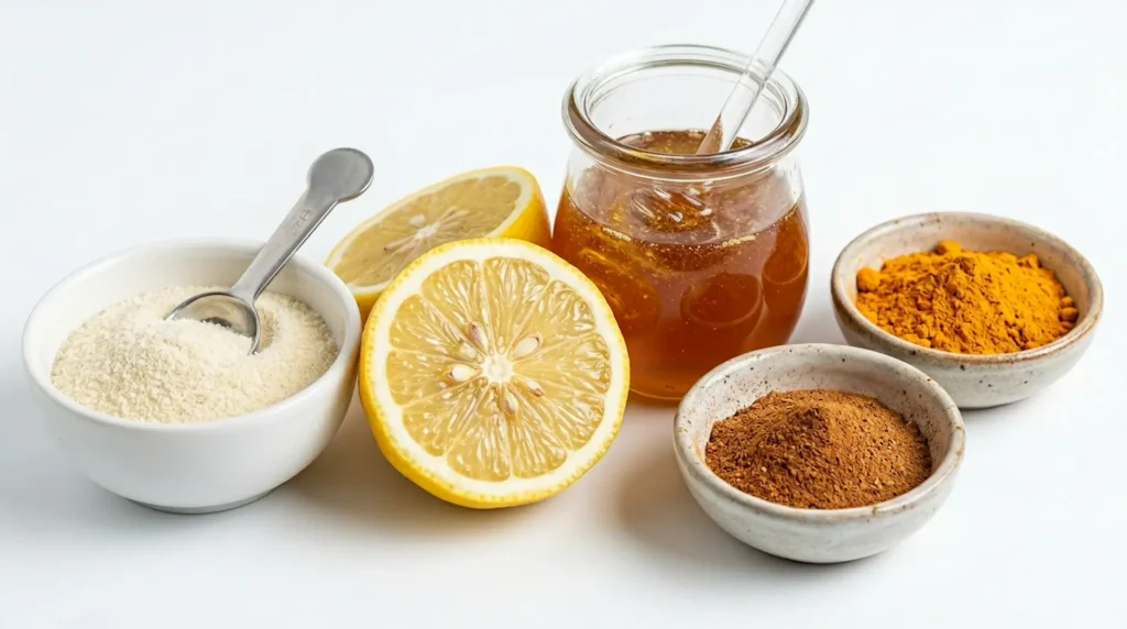 Key ingredients for the Gelatin Glycine GLP-1 Natural Protocol: gelatin powder, lemon, cinnamon, and honey