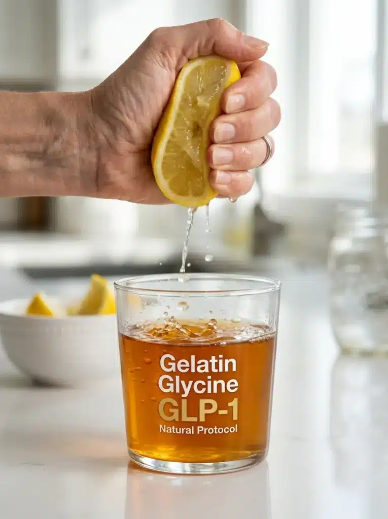 Fresh lemon being squeezed into the Gelatin Glycine GLP-1 Natural Protocol drink